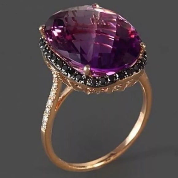 🆕18k Rose Gold Amethyst Black/White Diamond Ring - Picture 5 of 9